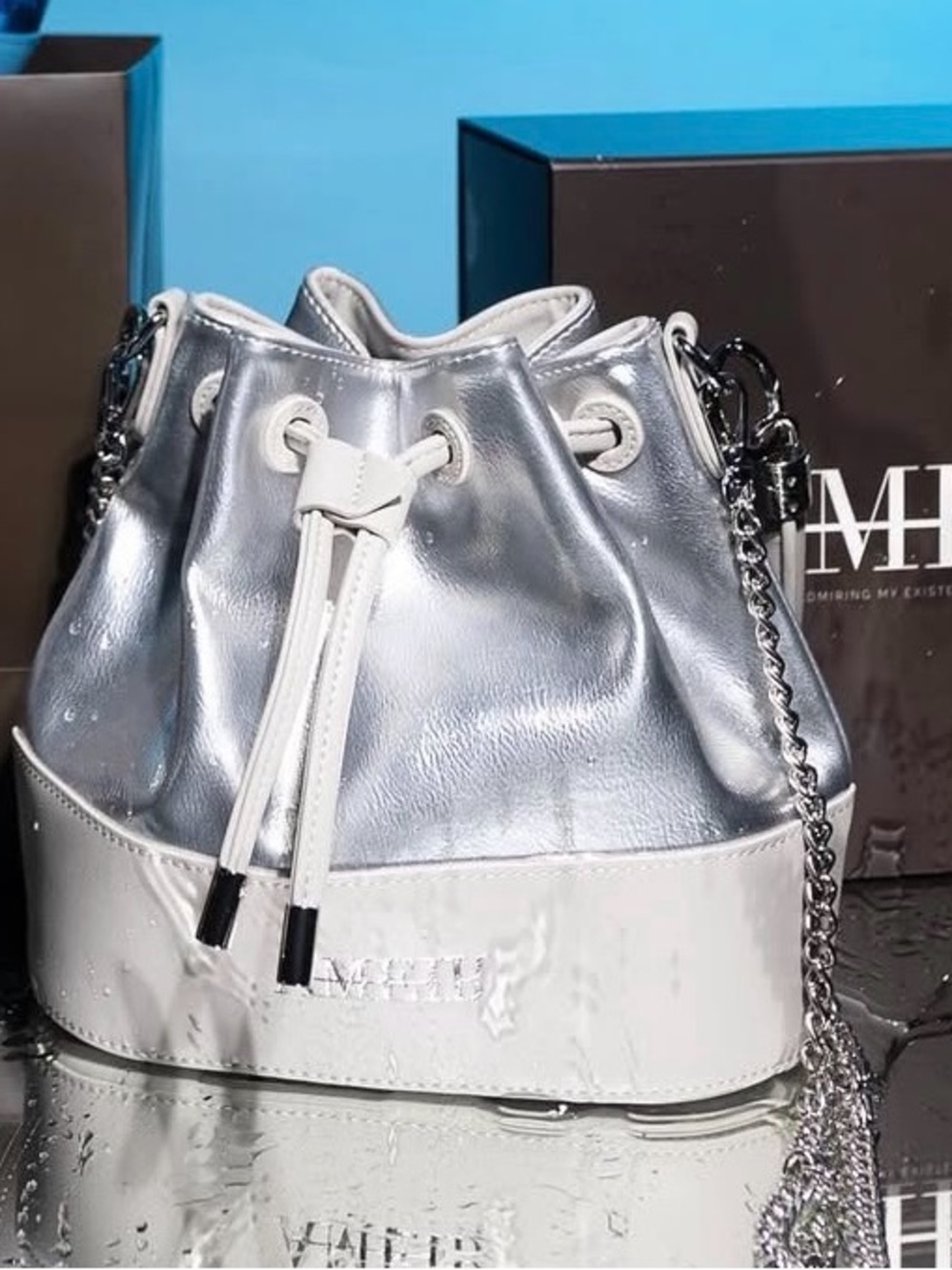 Metallic Silver Drawstring Bucket Bag | Brand - Ameir
